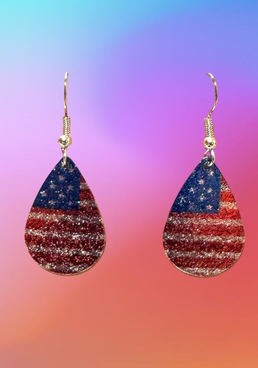Indio Jewelry Jewelry - Red, White and Blue Flag Teardrop Charm on Silver Earrings #2244
